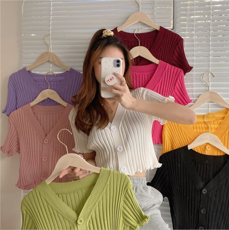 Knitted Crop Top with Ruffled Wood Ear Trim