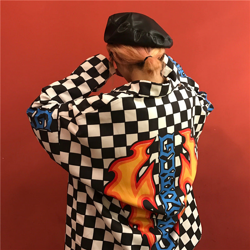 Back Flame Black And White Plaid Shirt Jacket For Men And Women