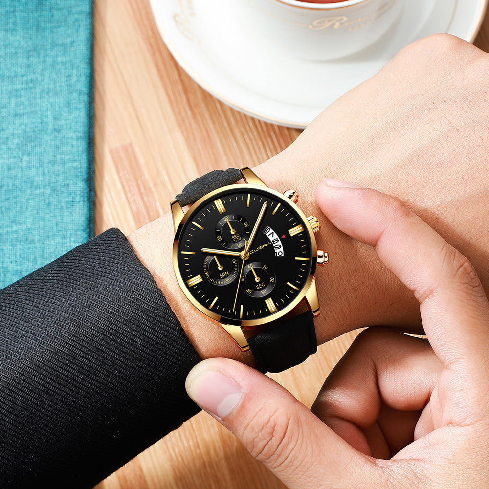 Men’s Business Quartz Watch – Three-Eye Design with Calendar