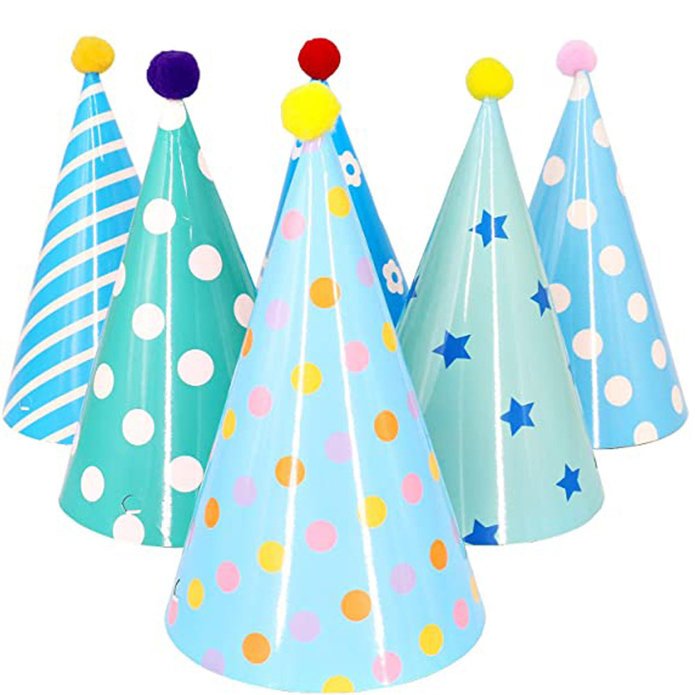 Set of 12 Colorful Paper Party Hats with Pompoms and Elastic Ropes