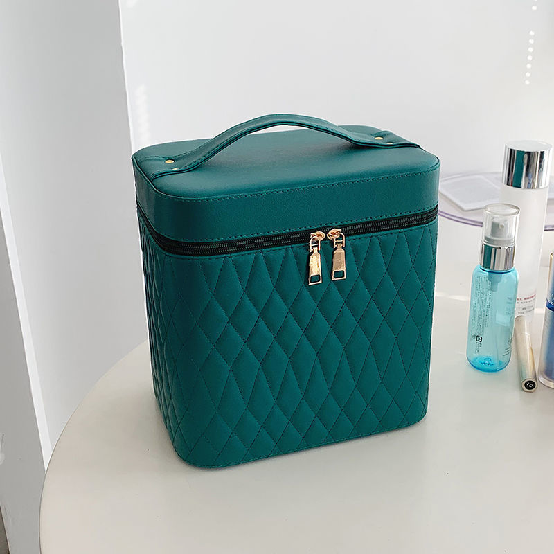Cosmetic Bag with Mirror – Rhombus Embroidery Double-Layer Storage Caseesign Fashion Rhombus-Embroidery Double-layer Suitcase Large Capacity Make-up Storage Bags For Women