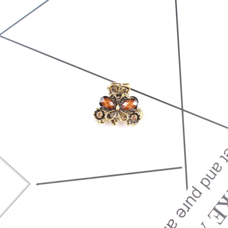 Antique Bronze Diamond and Gemstone Butterfly Grab Clip Hairpin