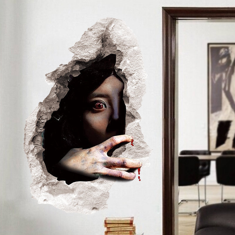 3D Bloody Ghost Wall Sticker – Scary Halloween Broken Glass Effect Party Decoration