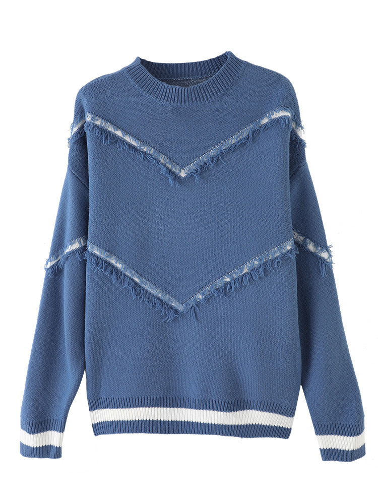 Fringed Stitching Sweater Women Round Neck Pullover