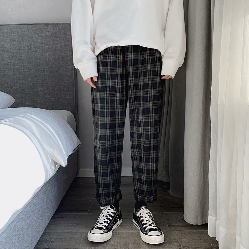 Men’s Korean Plaid Loose Harem Pants – Retro Casual Style