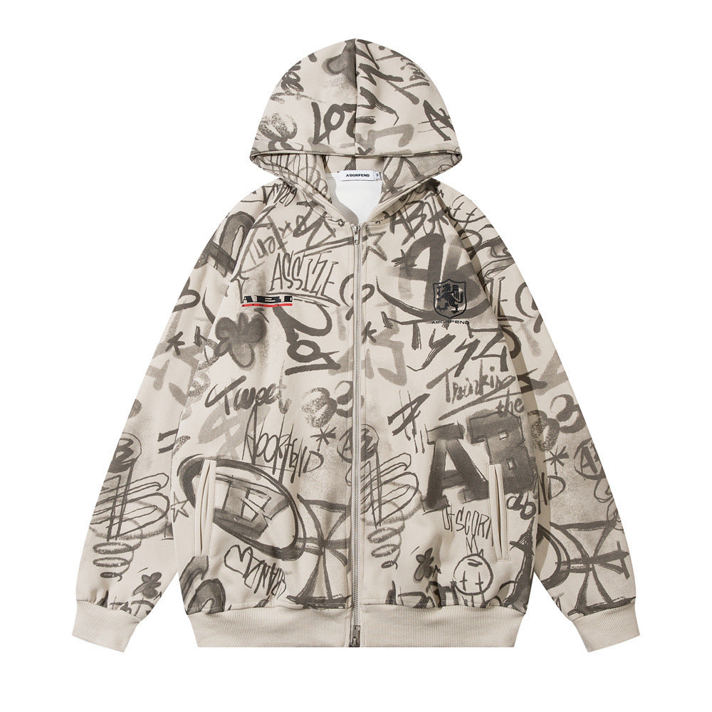 Printed Hoodie Men Covered With Graffiti
