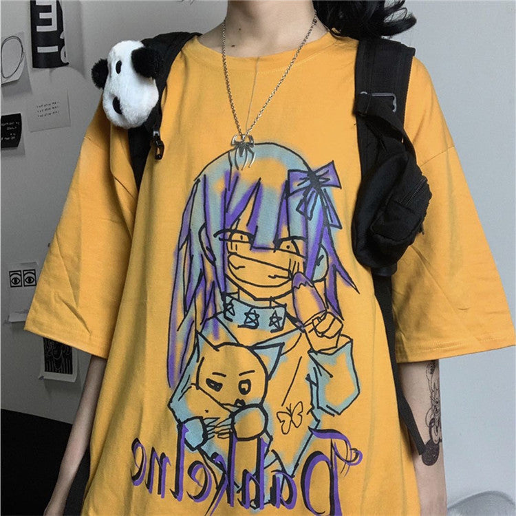 Cartoon Print Loose Short Sleeve T-Shirt Women