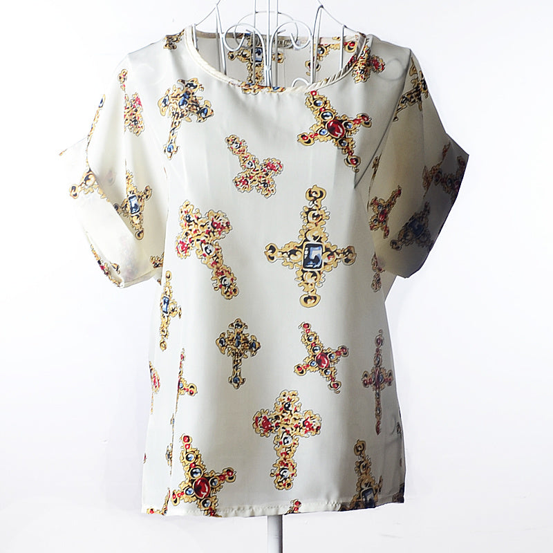 USA Size Loose Fit Chiffon Shirt – Short Sleeve Printed Blouse for Women (Plus Size)