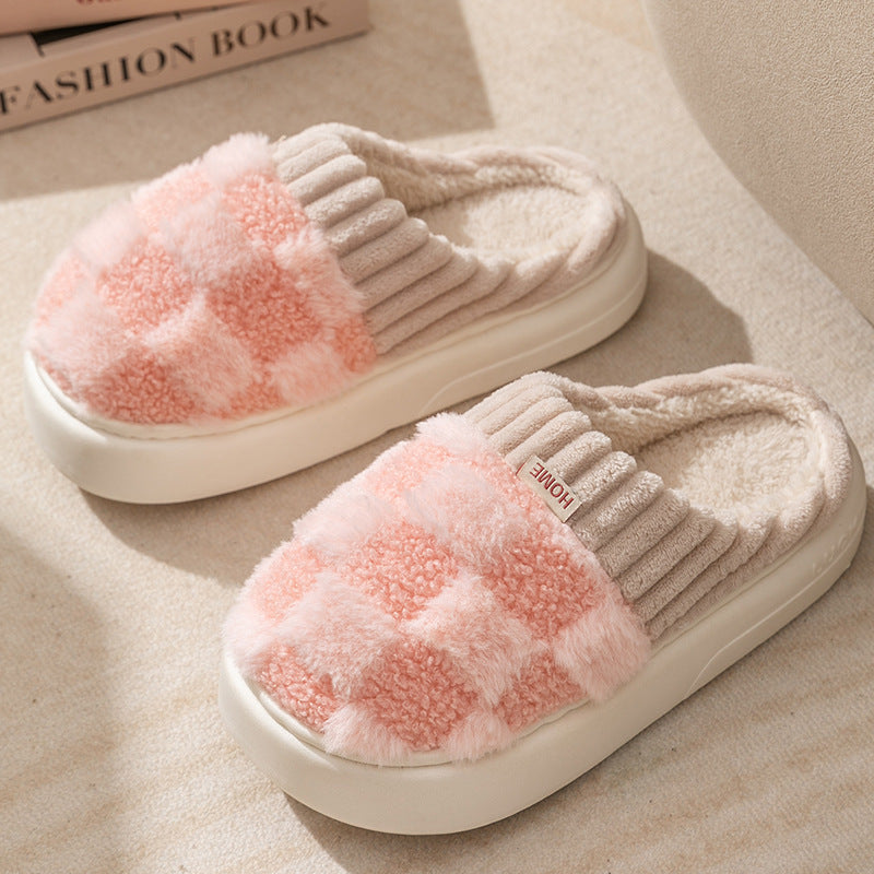 Women’s Plaid Plush Slippers – Indoor Warm Non-Slip Thick Sole Home Shoes Autumn Winter