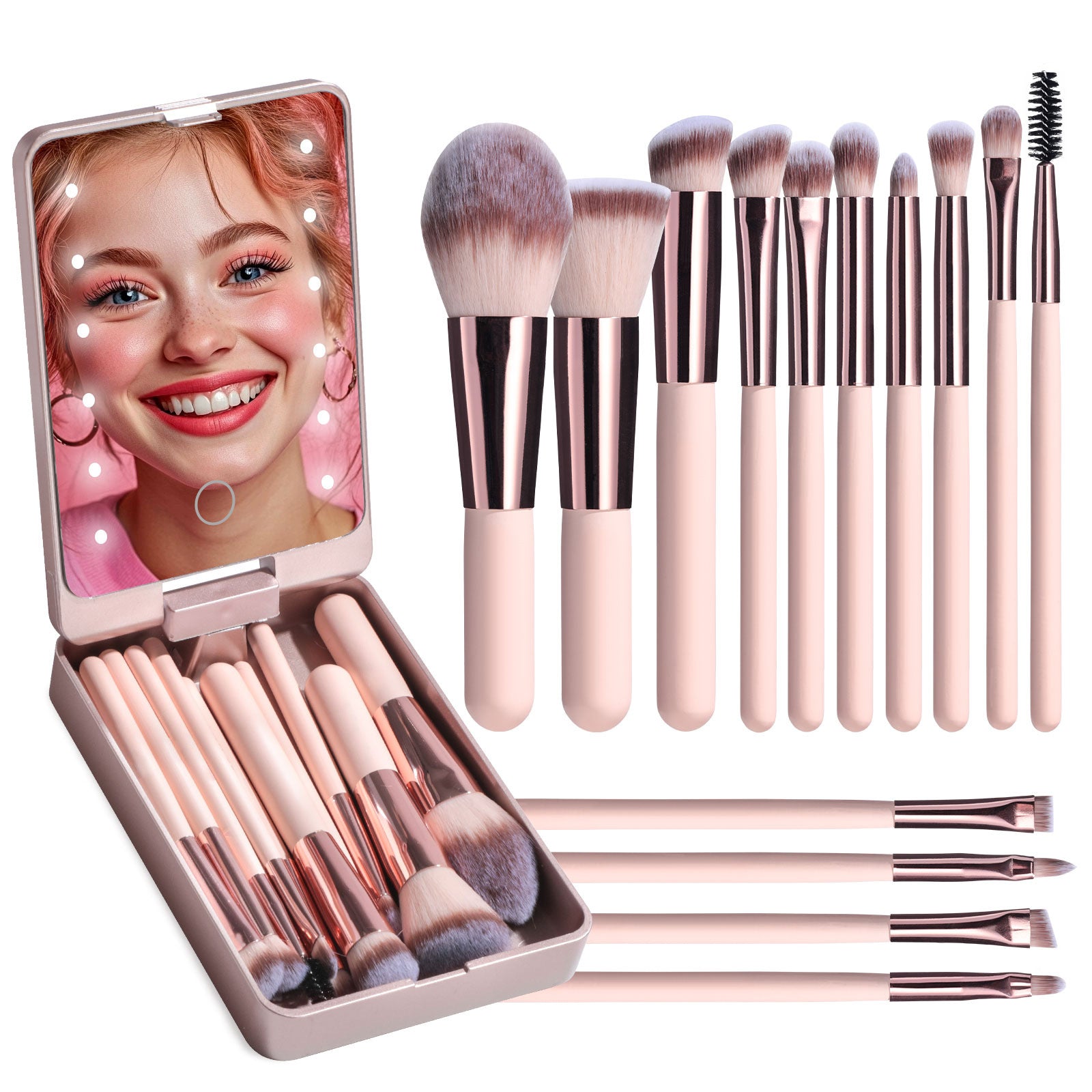 Rechargeable Makeup Brush Set – Brushes with Built-in Luminous Mirror