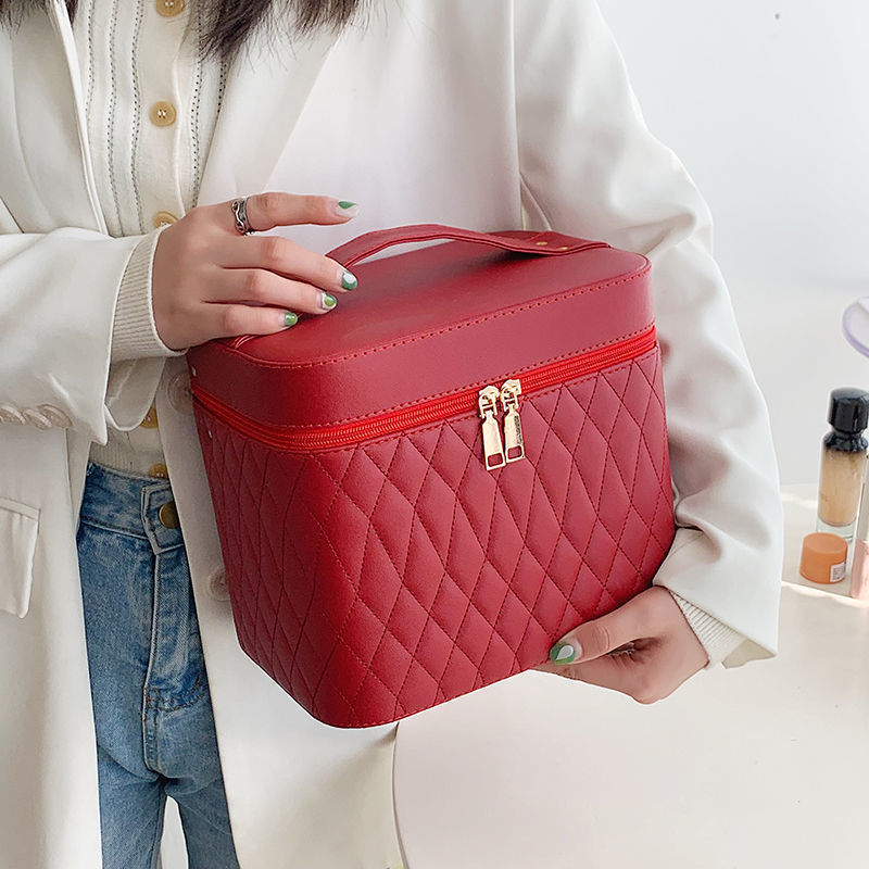 Cosmetic Bag with Mirror – Rhombus Embroidery Double-Layer Storage Caseesign Fashion Rhombus-Embroidery Double-layer Suitcase Large Capacity Make-up Storage Bags For Women