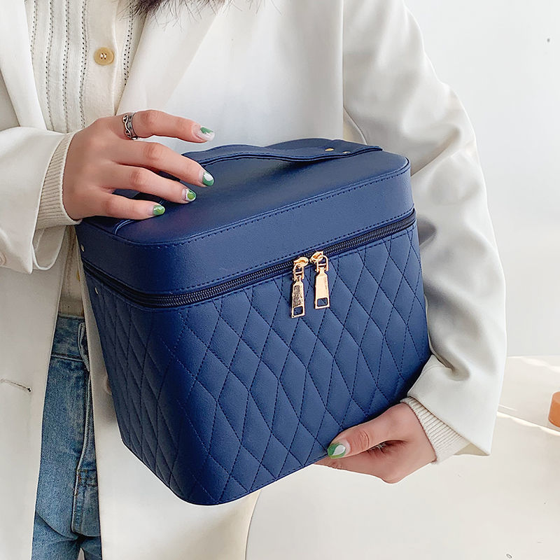 Cosmetic Bag with Mirror – Rhombus Embroidery Double-Layer Storage Caseesign Fashion Rhombus-Embroidery Double-layer Suitcase Large Capacity Make-up Storage Bags For Women
