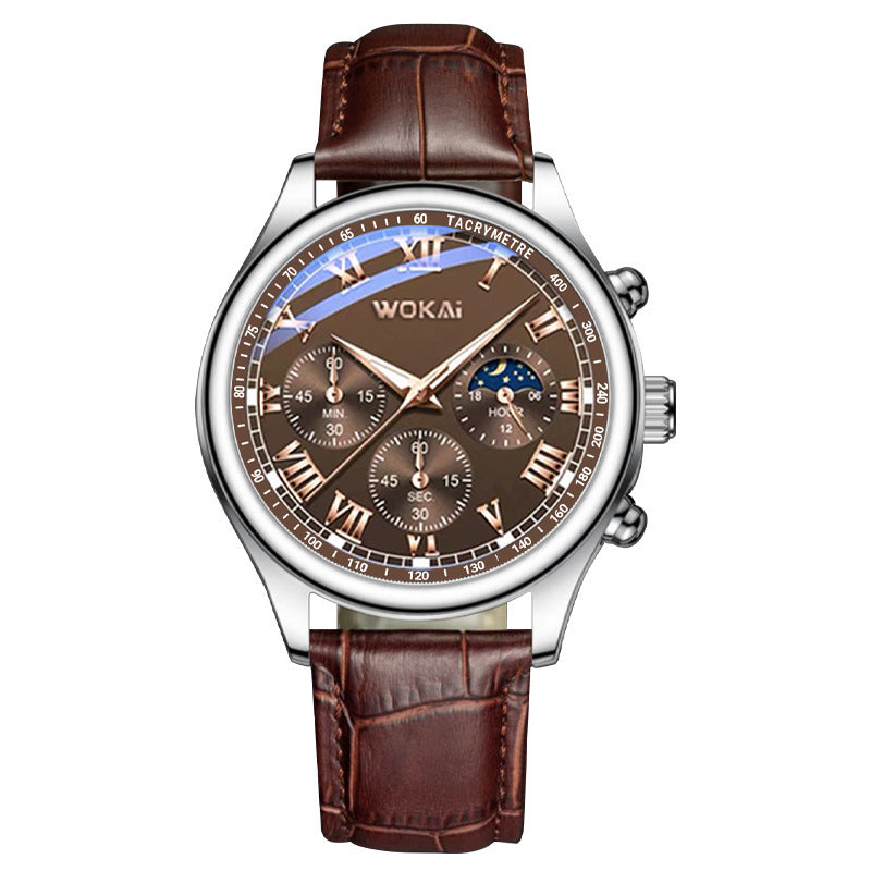 Men’s Quartz Sport Casual Watch with Brown PU Strap