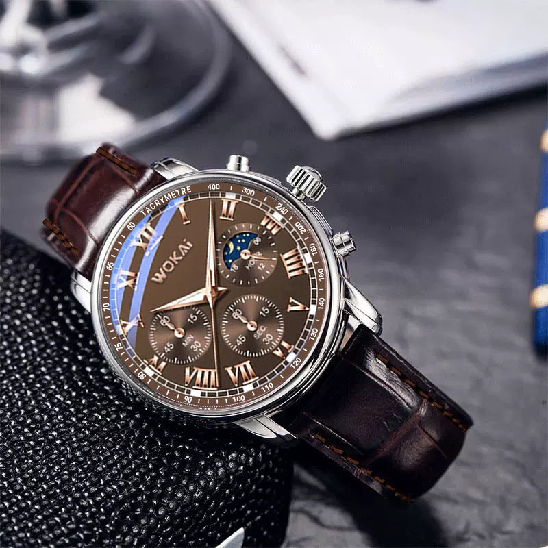 Men’s Quartz Sport Casual Watch with Brown PU Strap
