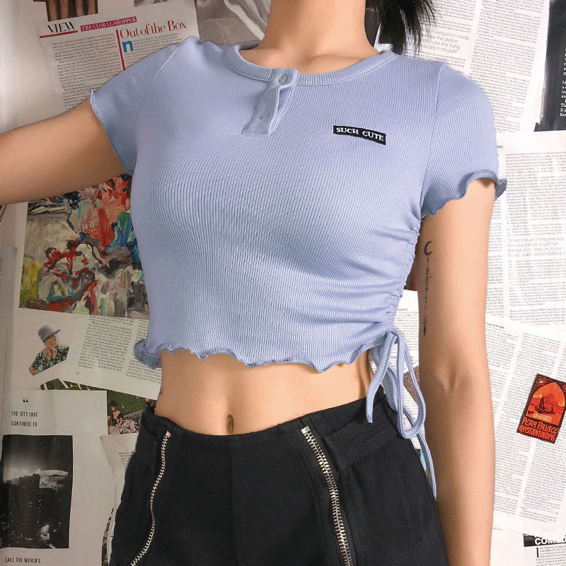 Fashion Drawstring Short Sleeve Slim T-Shirt Women