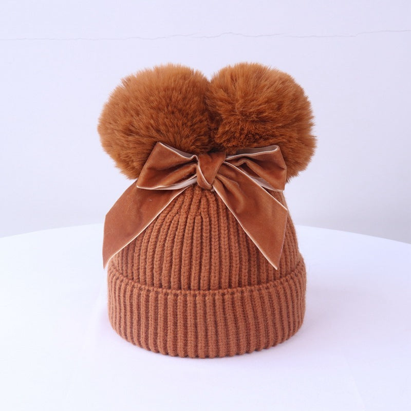 Double Ball Bow Knit Hat For Thick And Warm