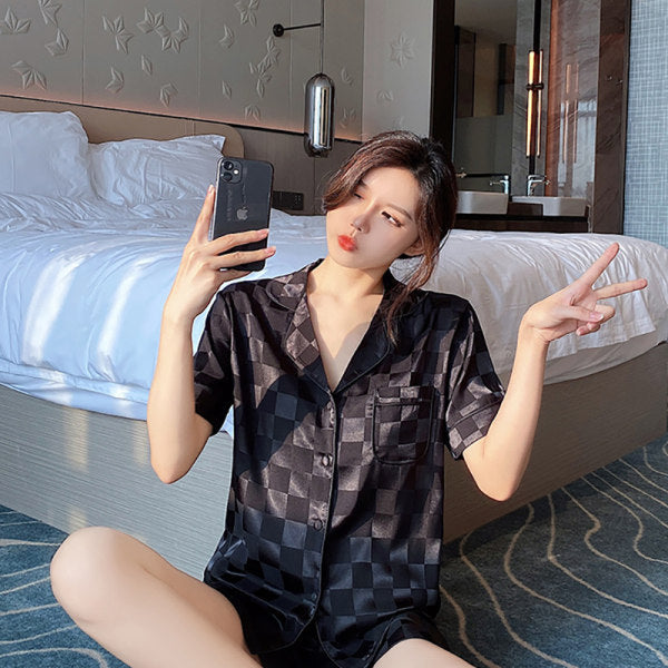 Women's Fashion Jacquard Plaid Ice Silk Home Wear Suit
