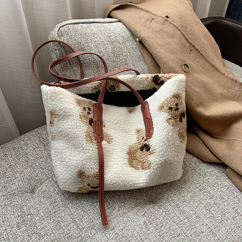 Women's Plush Bear Shoulder Tote Bag With Bear Pattern Large