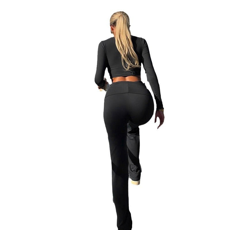 Women’s Long-Sleeve Crop Top and Bootcut Pants 2-Piece Set