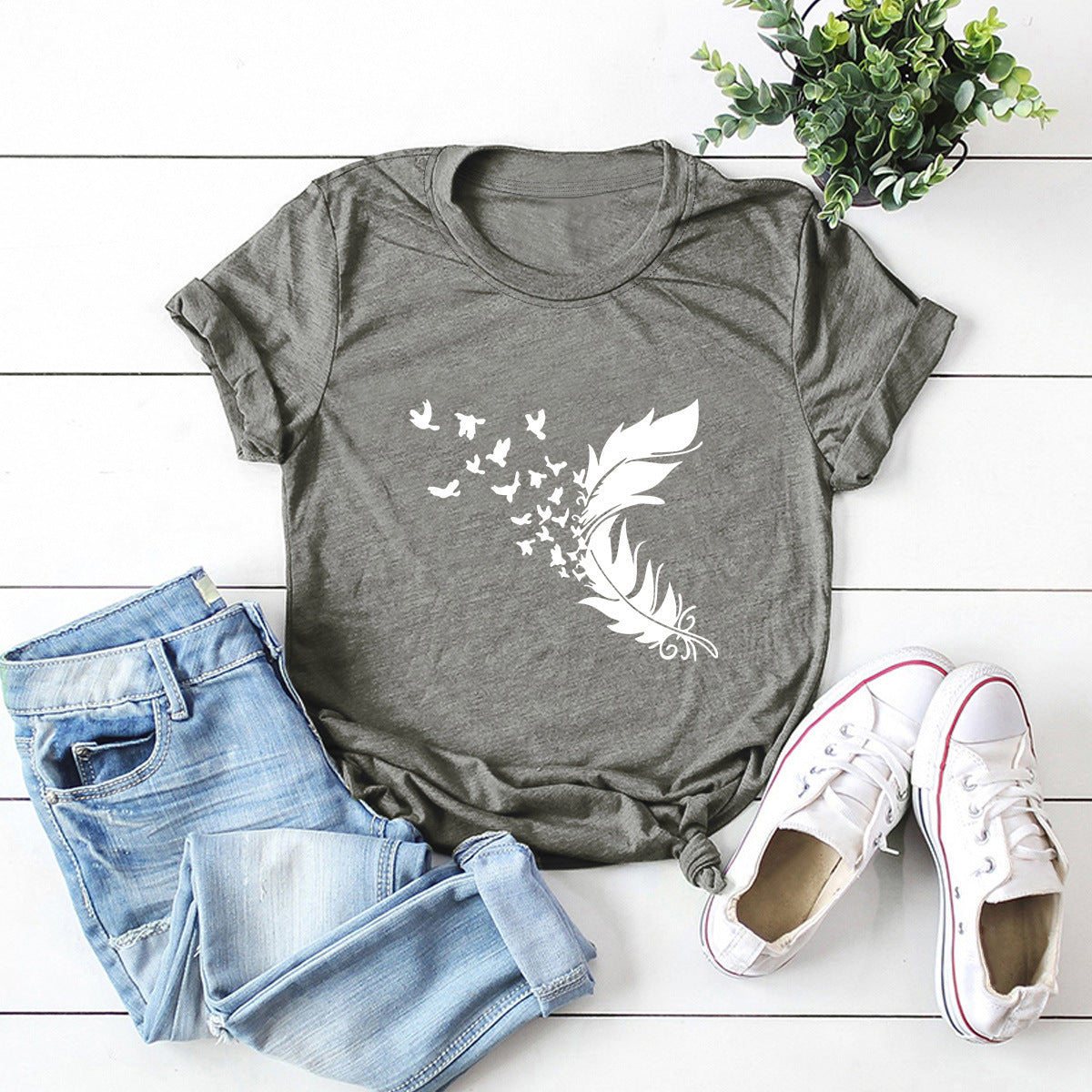 Women's Plus Size Cotton Feather Print T Shirt Relaxed Fit