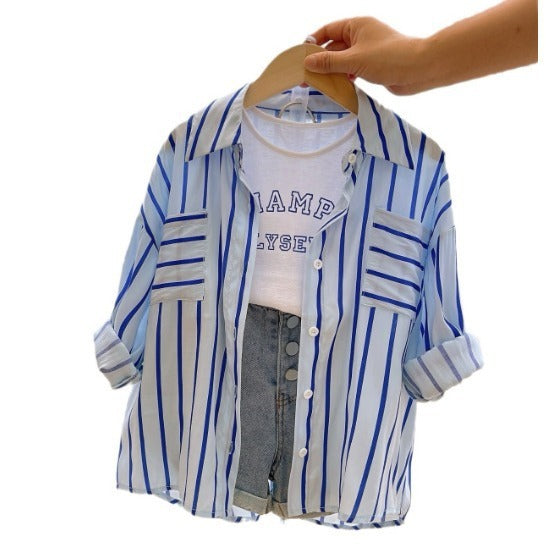 Young And Little Girls Striped Long Sleeve Shirt Three-piece Suit
