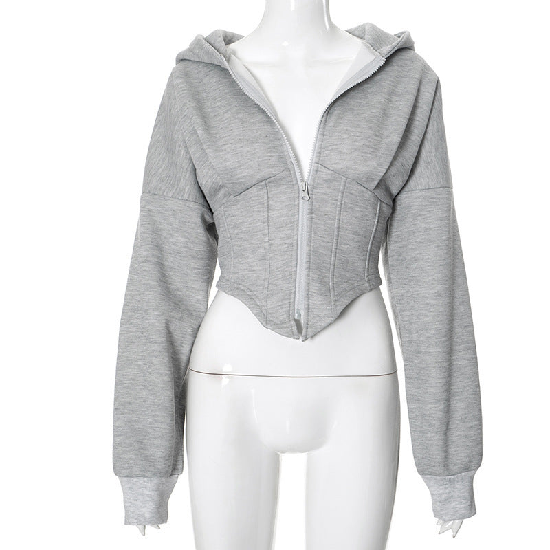 Slim Fit Zipper Hoodie Cardigan Womens Polyester Solid