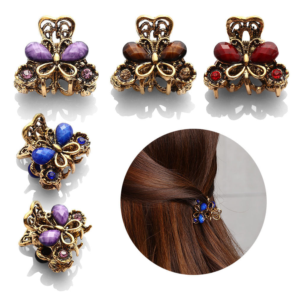 Antique Bronze Diamond and Gemstone Butterfly Grab Clip Hairpin