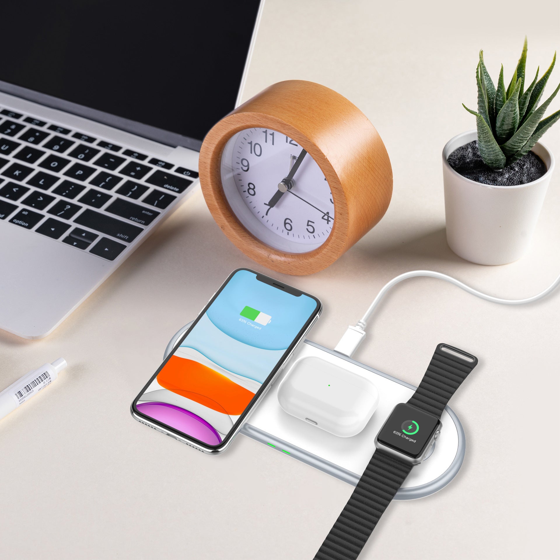 3-in-1 Wireless Charger – 15W Qi Dock for Phone, Watch & Earbuds (USB-C)
