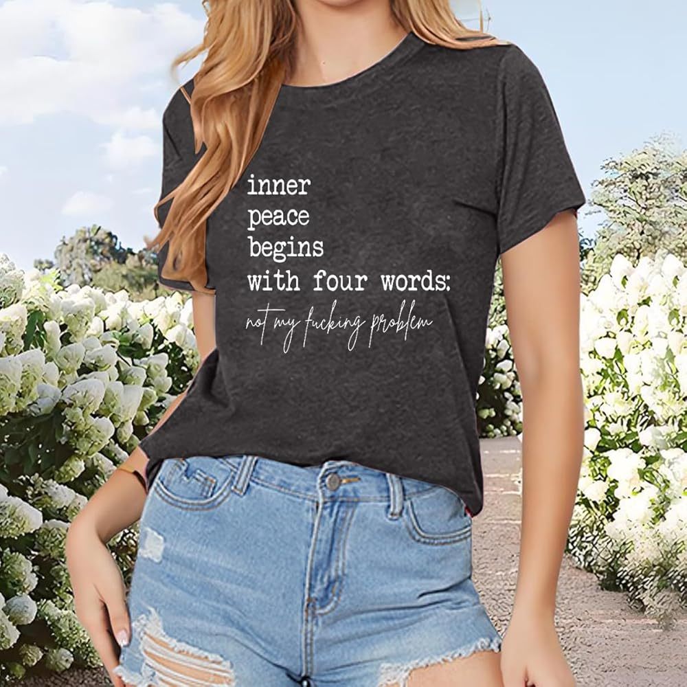Womens Casual Short Sleeve Letter Print T-Shirt, Loose Fit, Stylish & Comfortable Summer Top, Ideal For Everyday Wear Gray