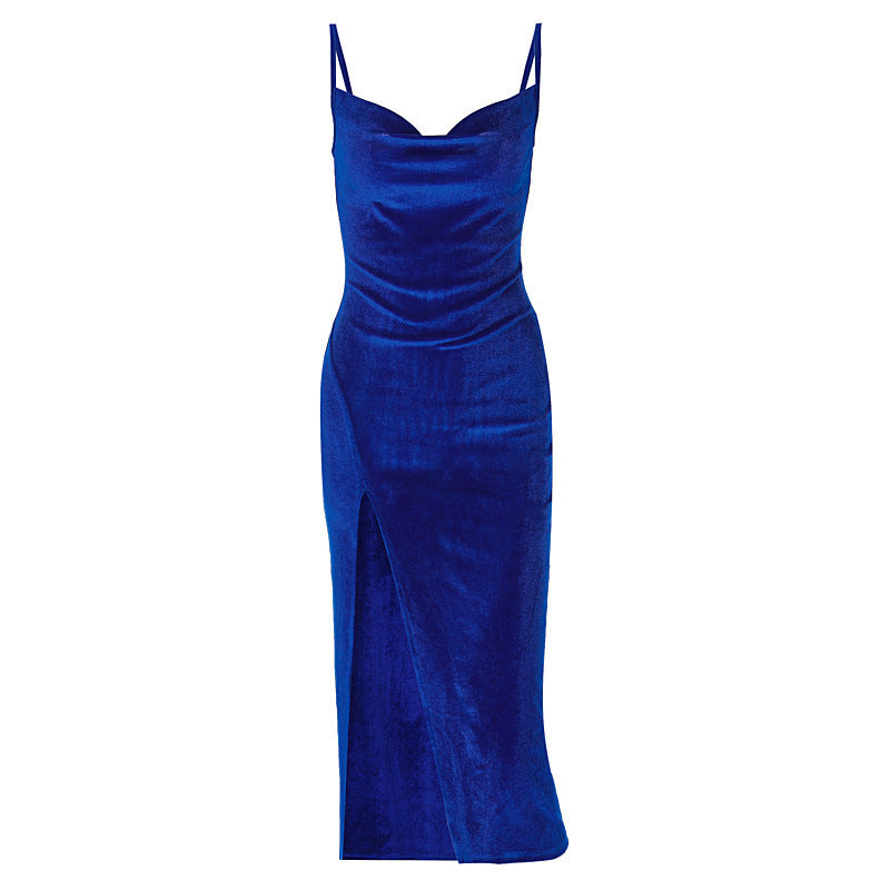 Women's Velvet Slim Slit Dress With Suspender Straps