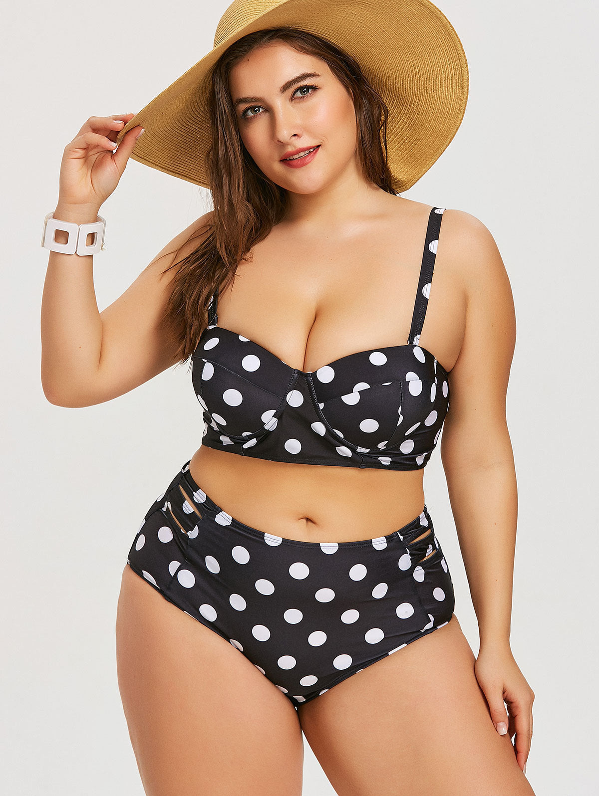 Womens Retro Black Polyester TwoPiece Swimsuit Set PlusSize