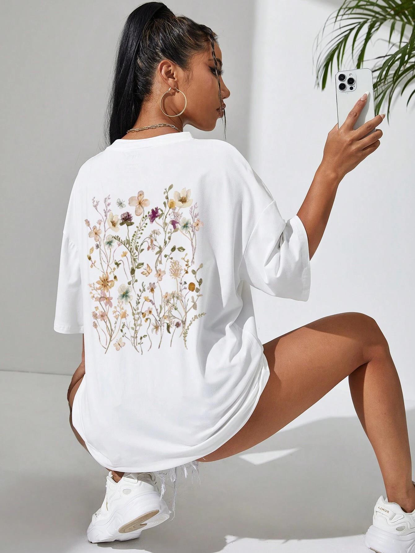 Women's Loose Fit Cotton Flower Clusters Print T Shirt