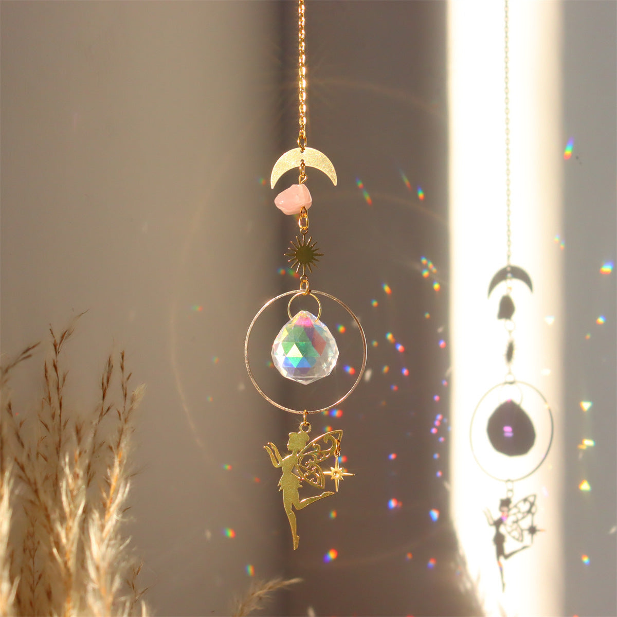 Brass Butterfly Moth Crystal Sun Catcher Pink Crystal Rough Stone Window Room Decoration Hanging Ornament