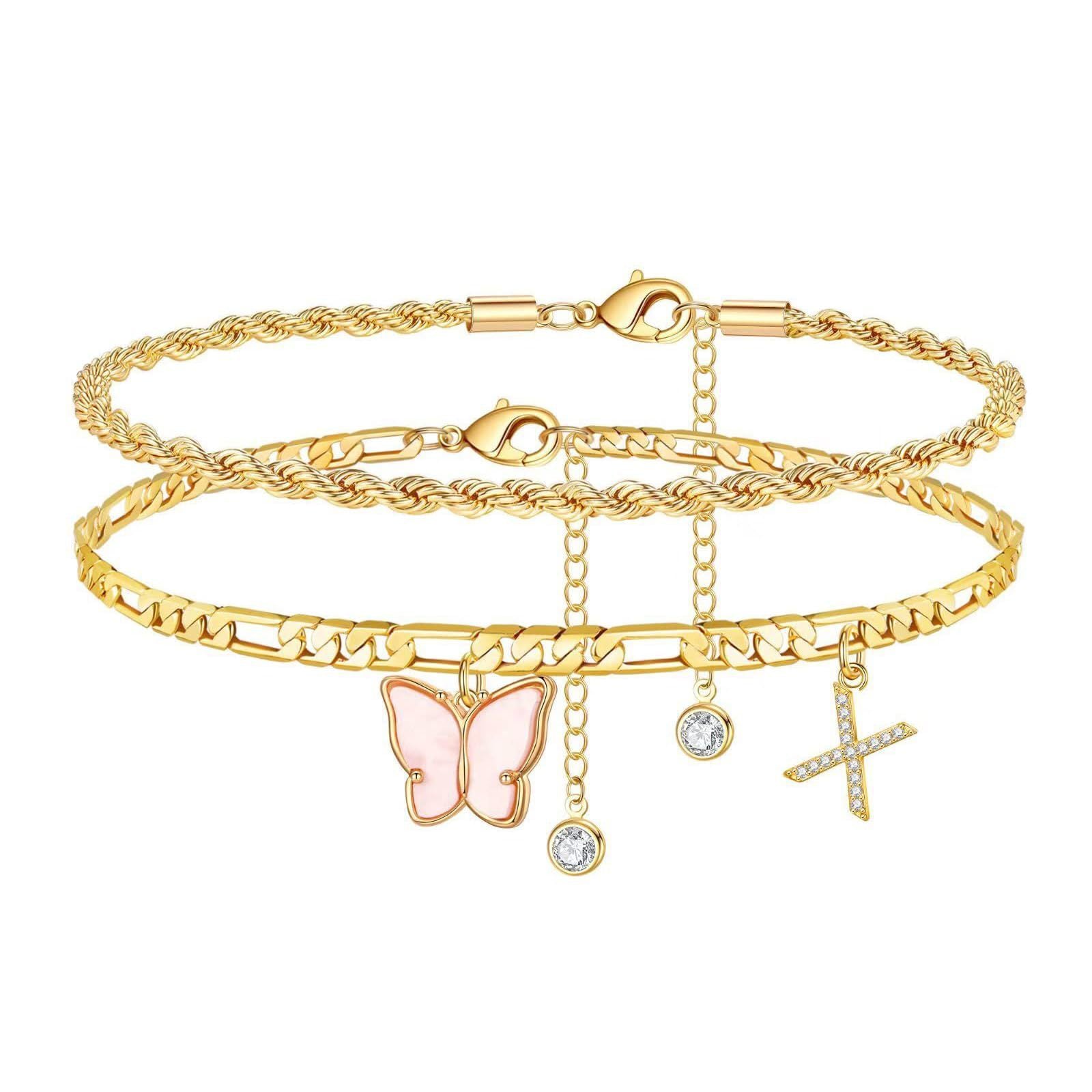 Women’s Double-Layer Stainless Steel Butterfly Letter Stack Anklets