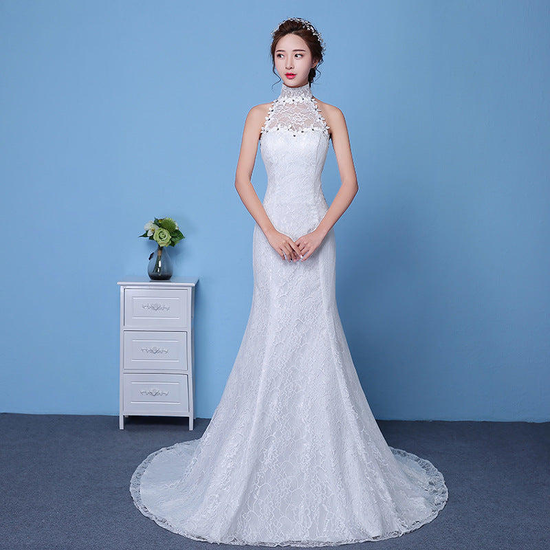 Large Size Red Korean-Style Fishtail Wedding Dress with Hanging Neck