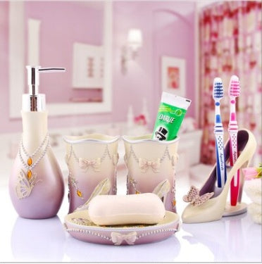 Resin Bathroom Accessories Set – 5-Piece Pink Lady Design