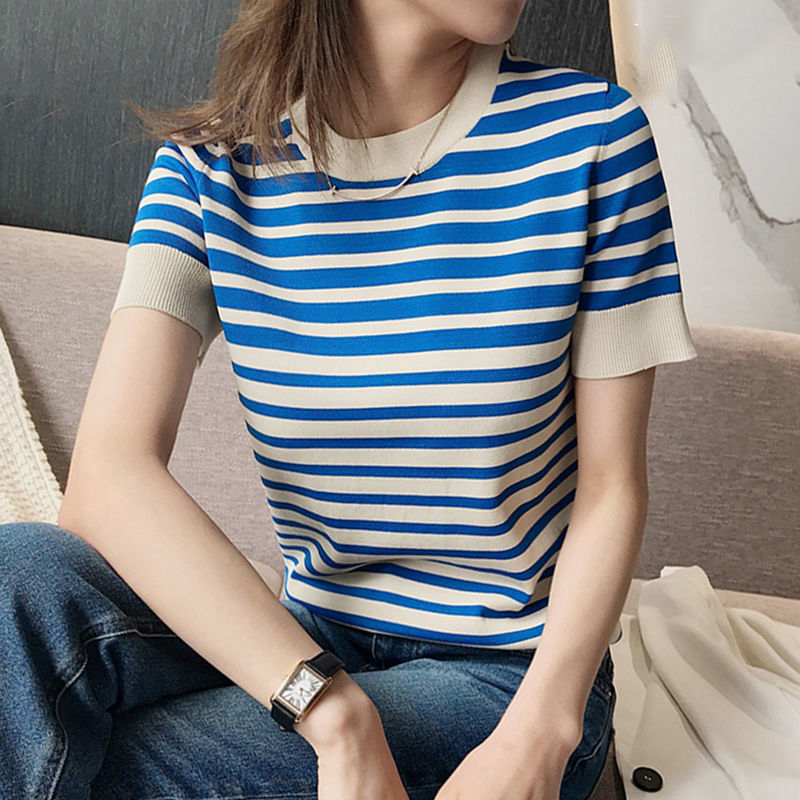 Ice Silk Sweater New Loose Round Neck Striped T-shirt Top Women
