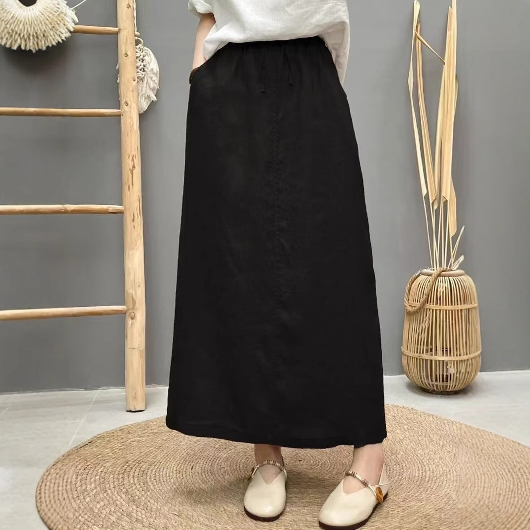 Women’s Linen Long Skirt – Solid Color Elastic Waist Maxi Skirt