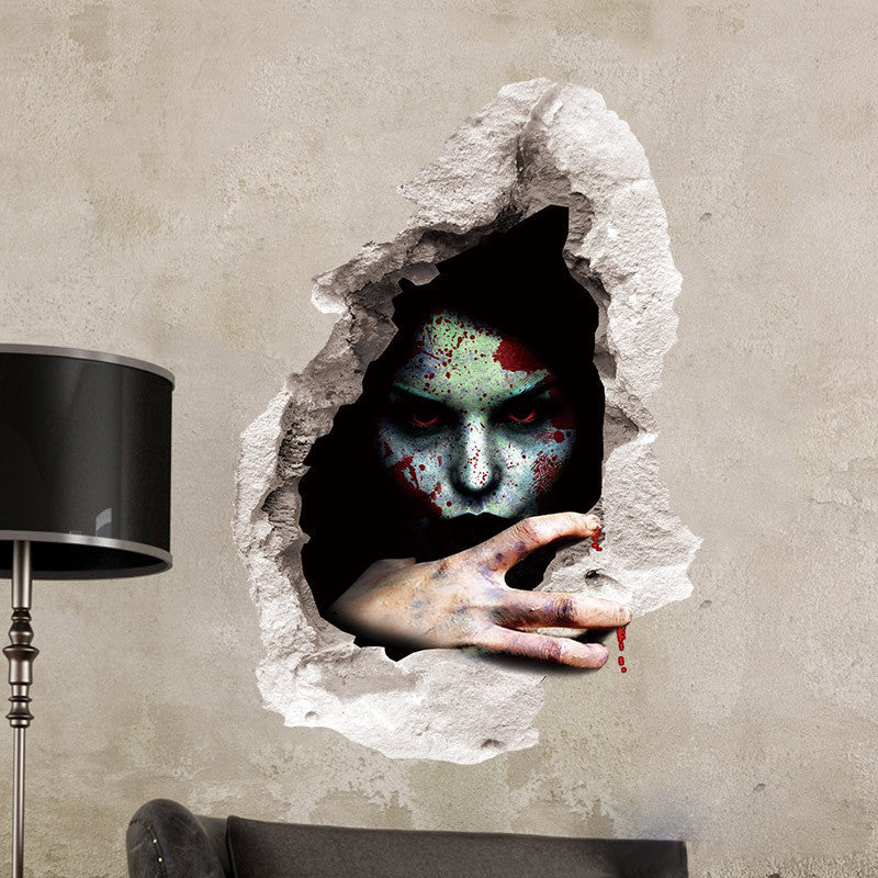 3D Bloody Ghost Wall Sticker – Scary Halloween Broken Glass Effect Party Decoration