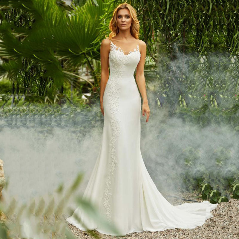 Retro Round Neck Sexy Little Tail Bridal Wedding Dress in Linen Lace