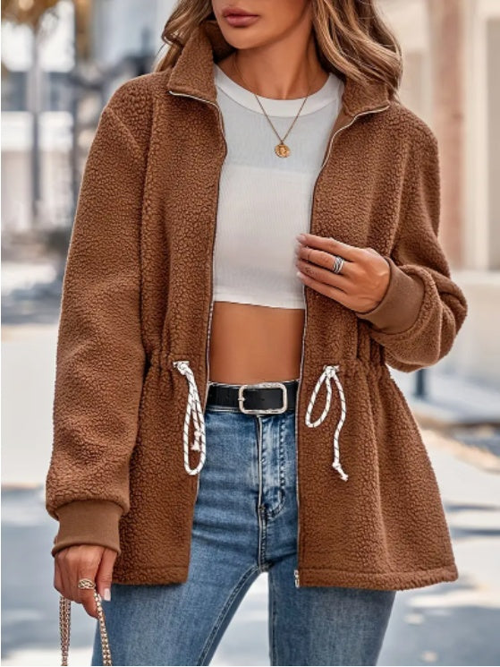 Women's 2024 Autumn Winter Casual Loose-Fit Long Sleeve Jacket With Adjustable Drawstring Waist
