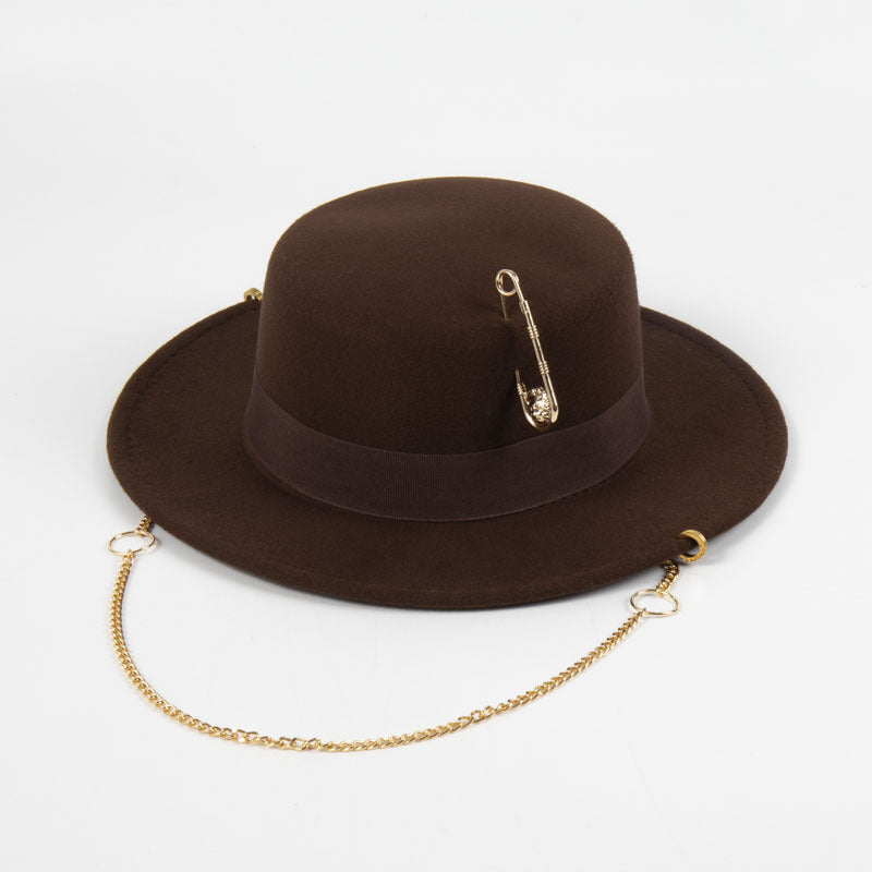 Handmade Woolen Flat Top Women’s Felt Cap with Pin Chain Decoration