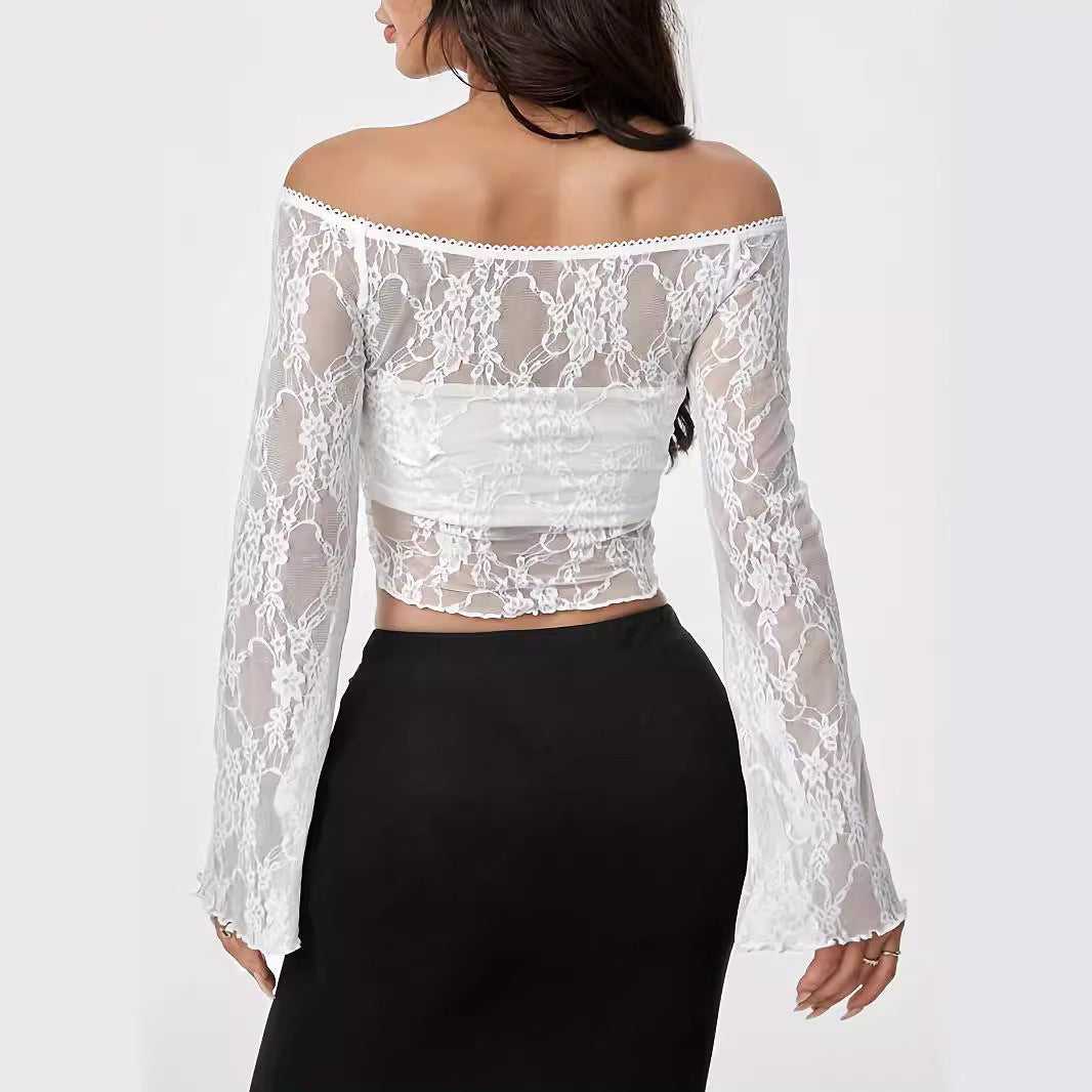 Off-neck Single Layer Lace Stitching T-shirt For Women