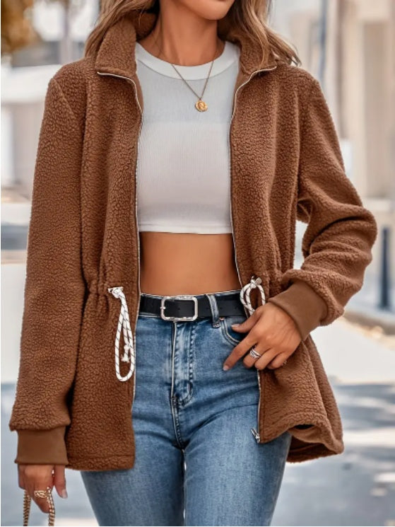 Women's 2024 Autumn Winter Casual Loose-Fit Long Sleeve Jacket With Adjustable Drawstring Waist