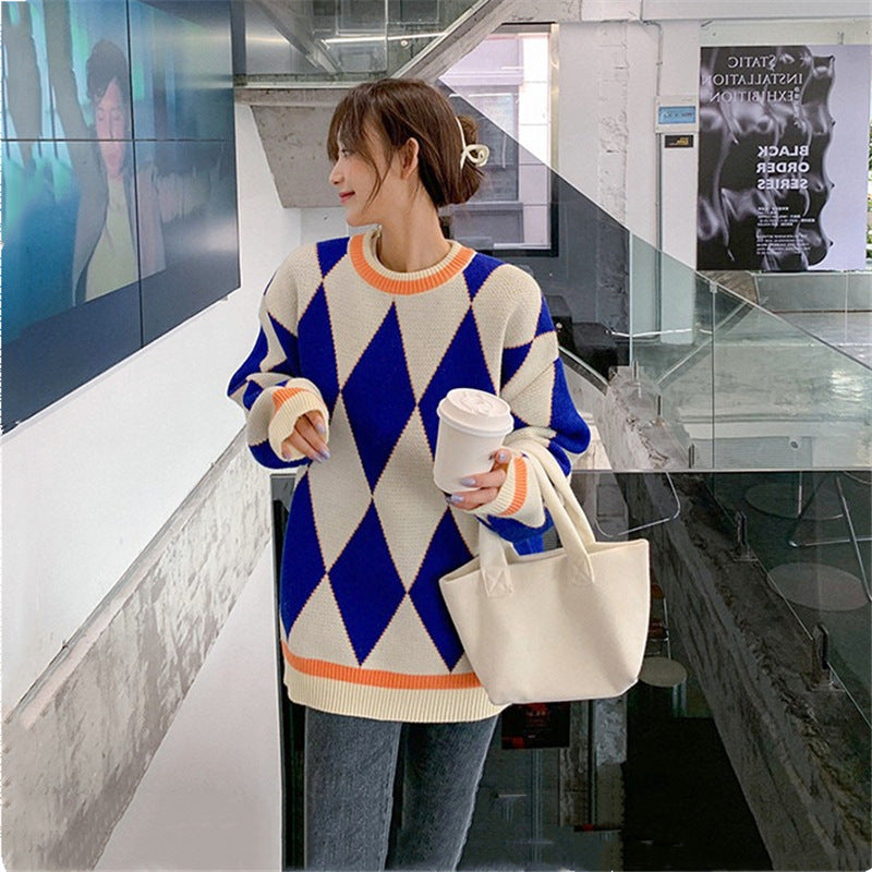 Retro Diamond-shaped Contrast Color Pullover Women