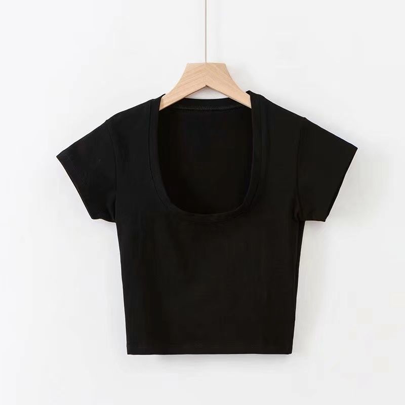 Summer Solid Color U-Neck Slim Fit T-Shirt – Korean Style Short Sleeve Crop Top for Women