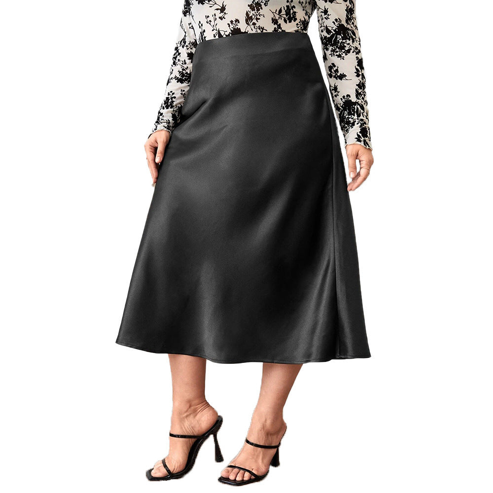 Plus Size Satin A-Line Skirt – Elegant Collage Stitch Design