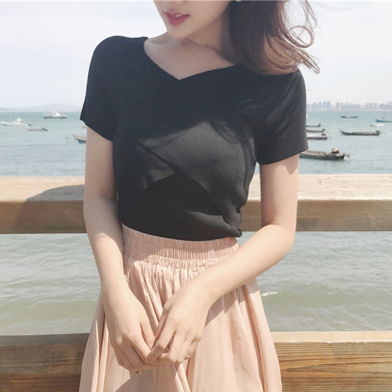 Knitted Slim V-neck Scheming Temperament Little Sexy T-shirt Women Winter