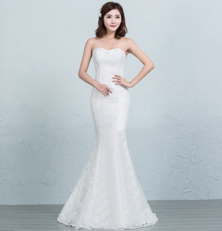 Sequined Lace Waist Fishtail Wedding Dress with Tube Top and Strap Back