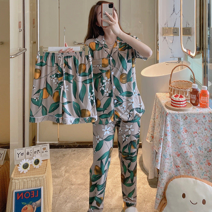 Womens Milk Silk Fruit Print Pajamas Short Sleeve Relaxed